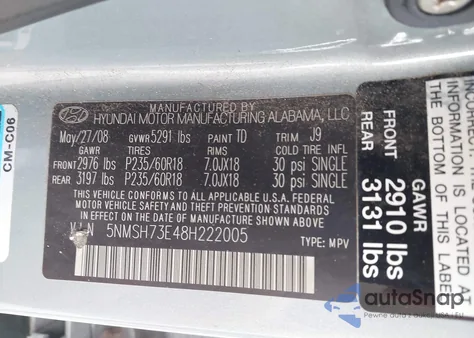 2008 Hyundai Santa Fe Limited/Se from USA, damaged, VIN 5NMSH73E48H222005